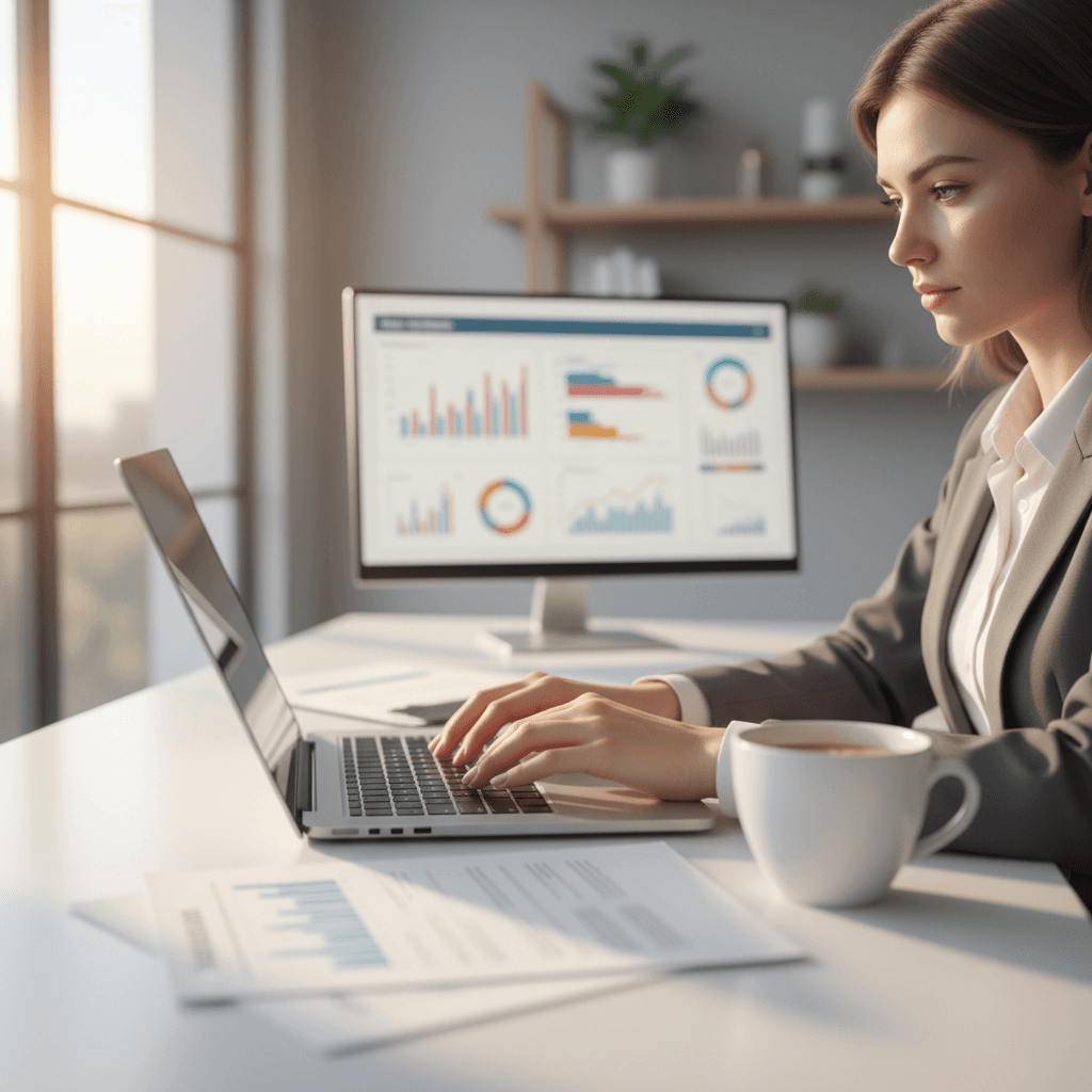 Professional advisor in modern office with books and documents on desk