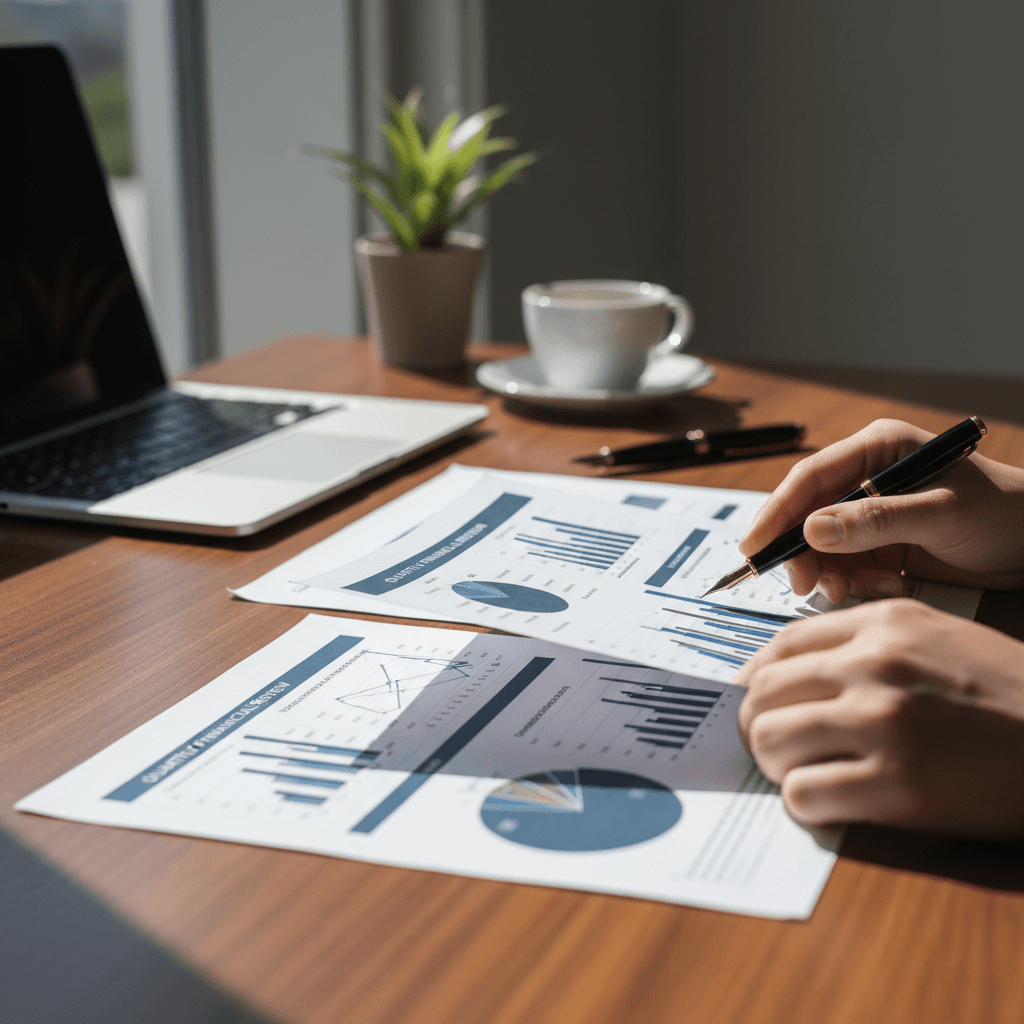 Professional business documents and financial reports on wooden desk with pen
